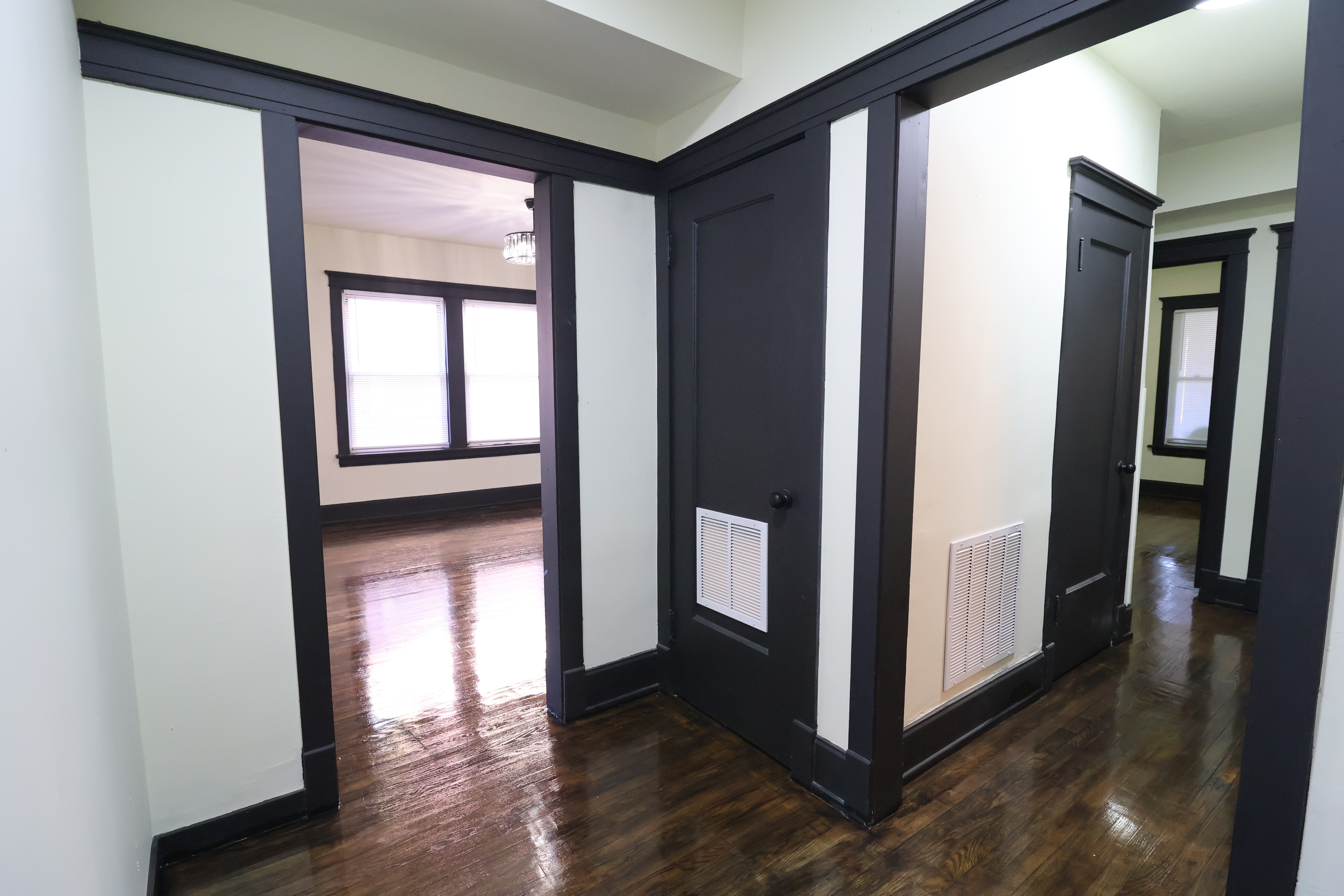 Finished Delaware unit hallway with dark trim and doors