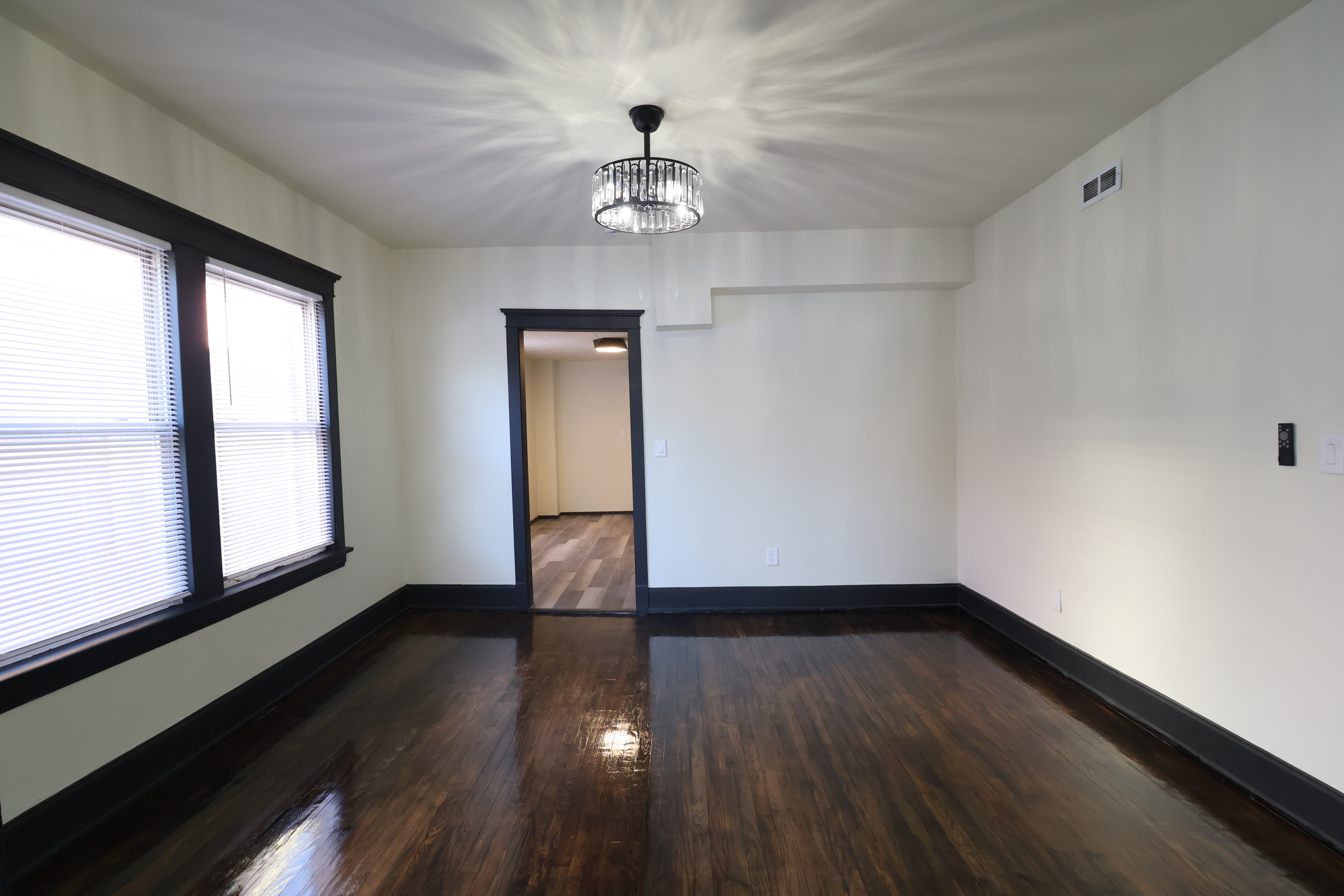 Finished Delaware unit living room with dark trim