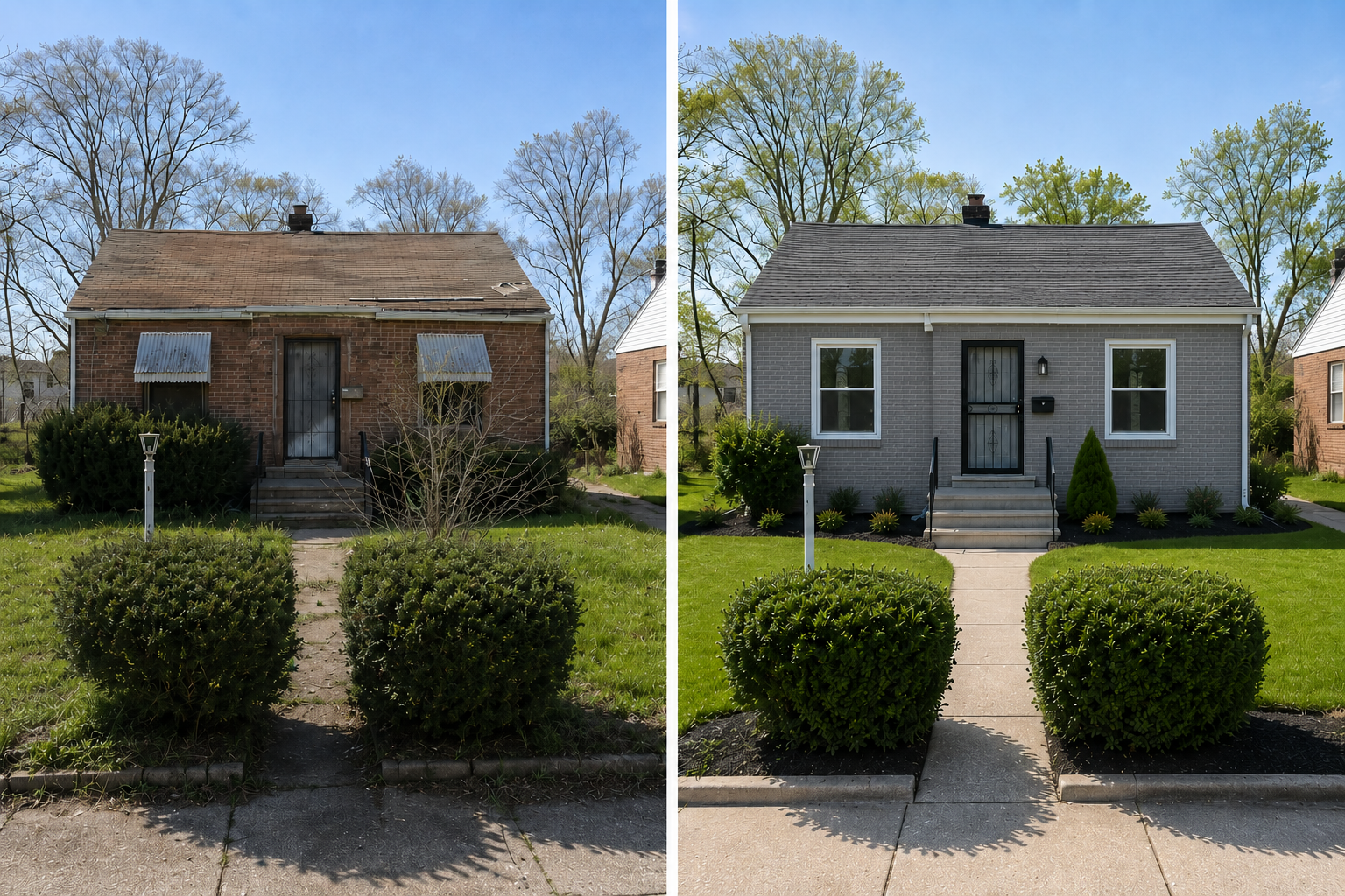 Before-and-after exterior with grey-painted brick finish
